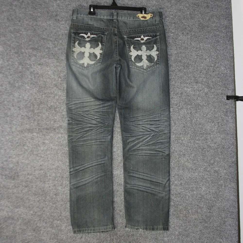 Kanguro Jeans Mens 34 Gray Embroidered Cross Y2K‎ Baggy Denim Retro